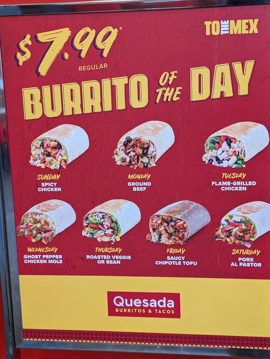 Menu, Quesada Burritos & Tacos