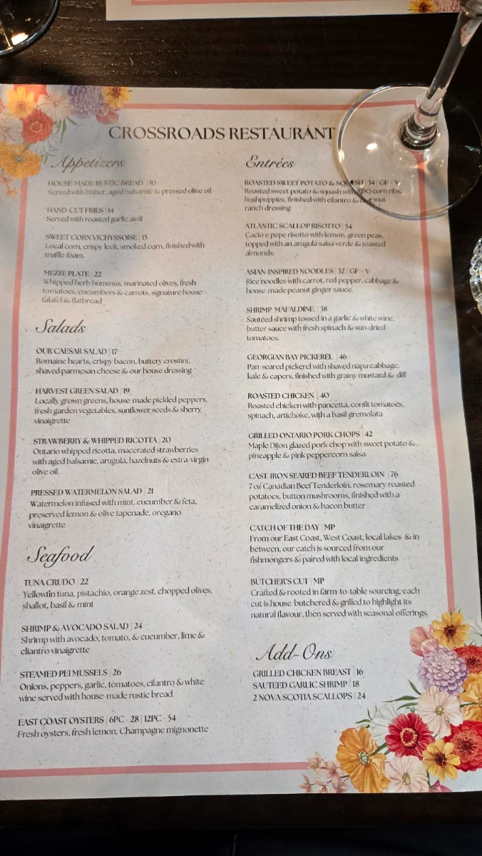 Menu, Crossroads Restaurant