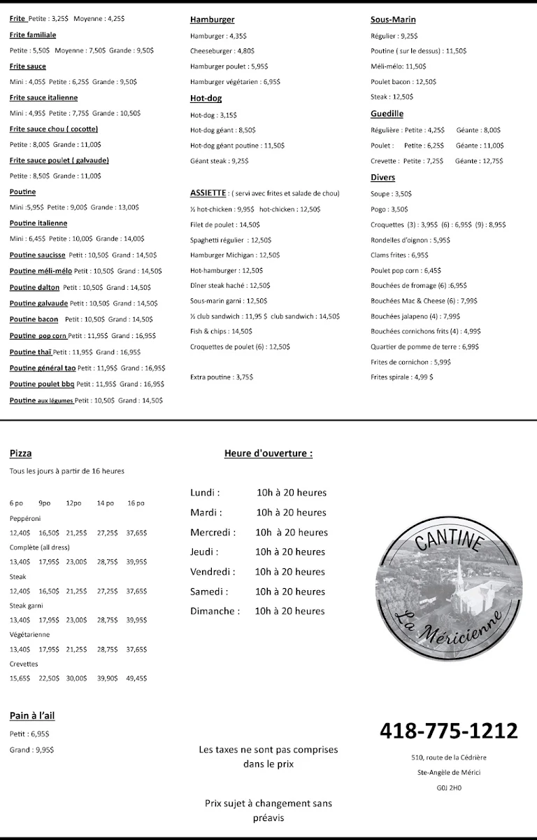 Menu, Cantine La Méricienne
