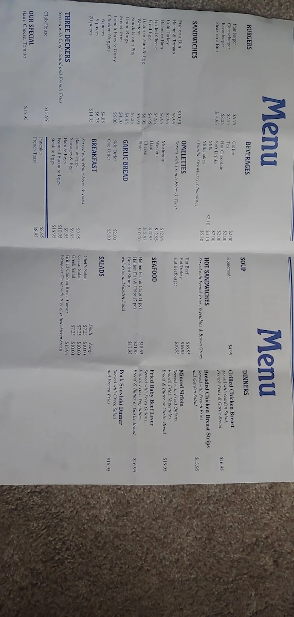 Menu, Bond Head Restaurant