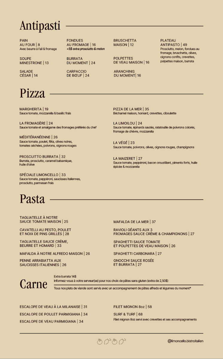 Menu, Limoncello bistro italien