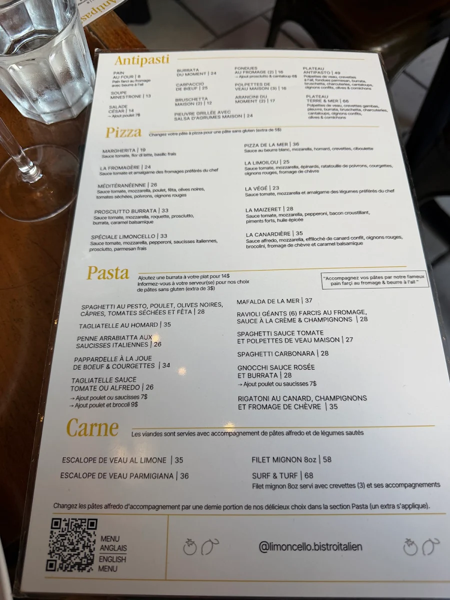 Menu, Limoncello bistro italien