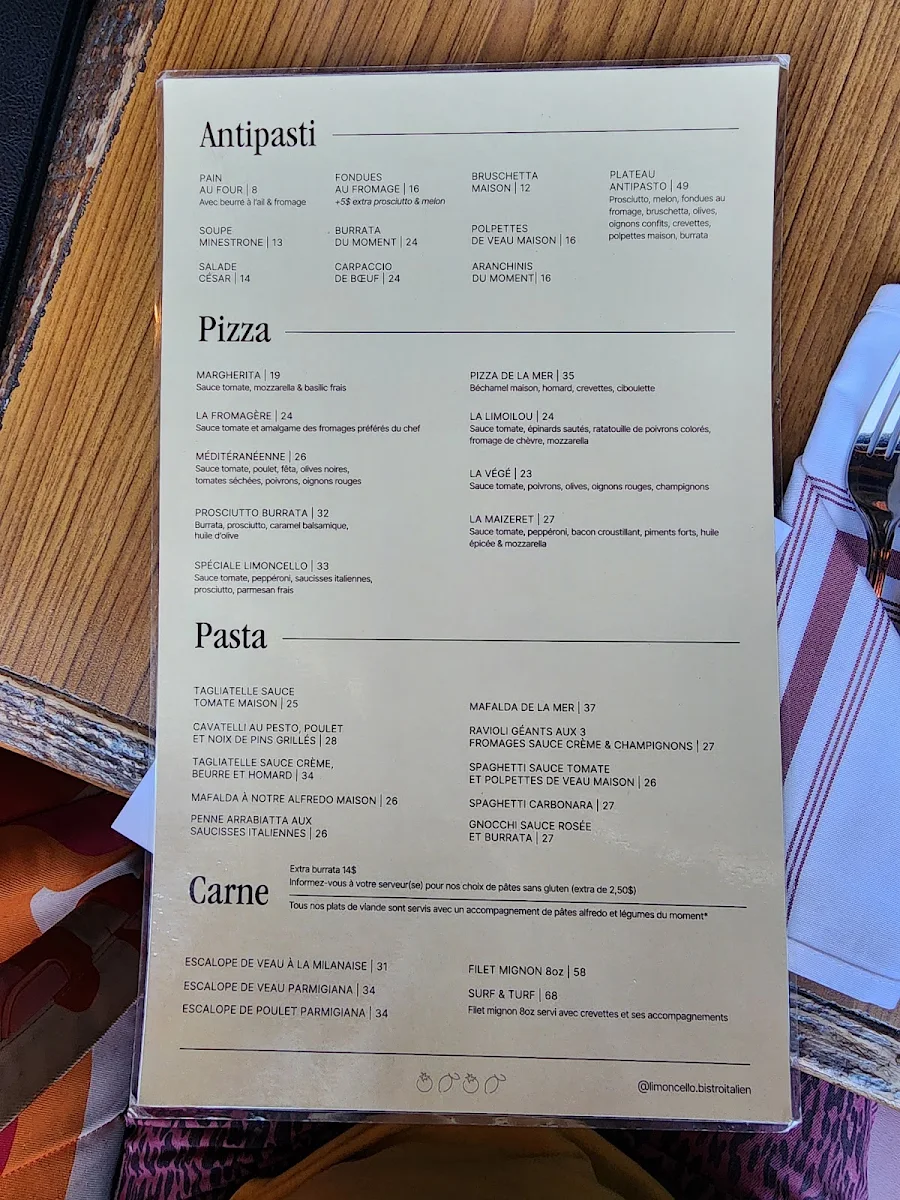 Menu, Limoncello bistro italien