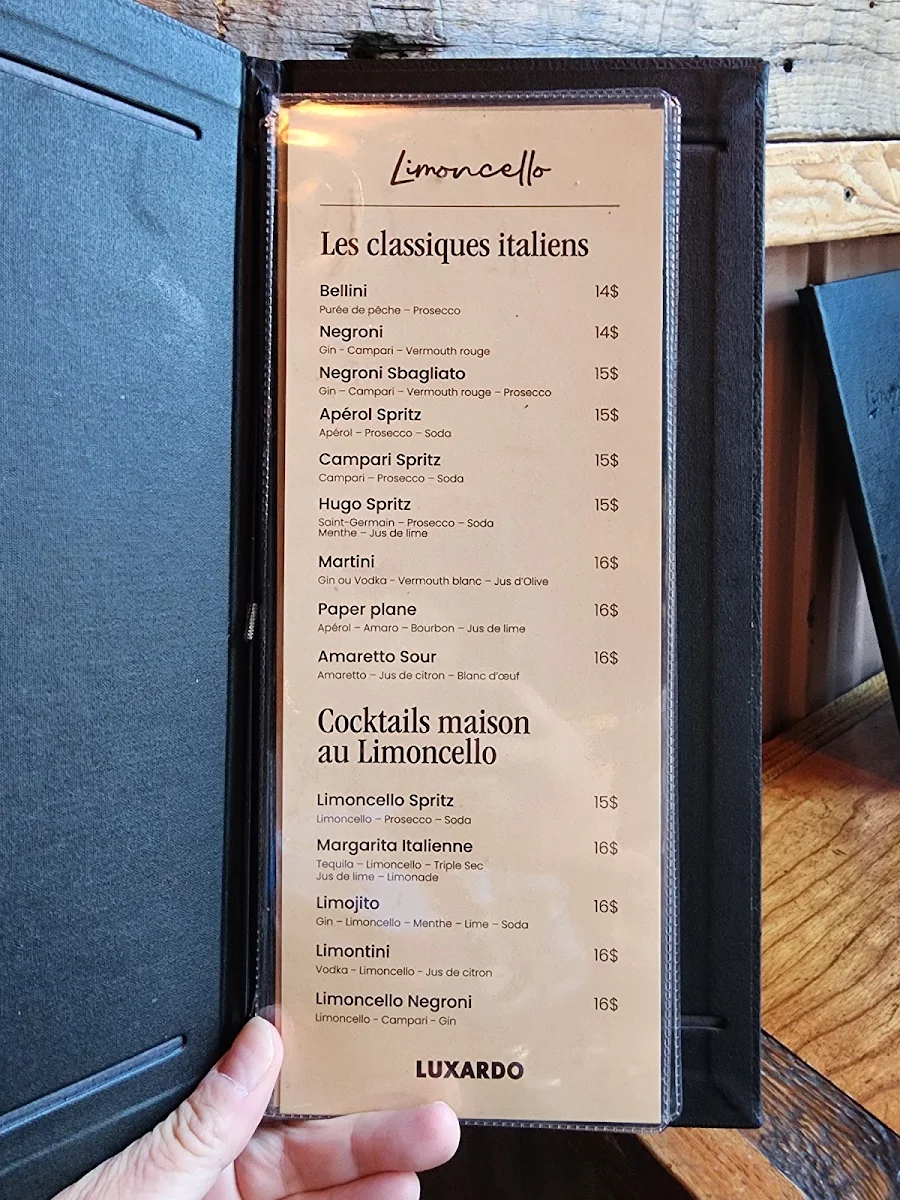 Menu, Limoncello bistro italien