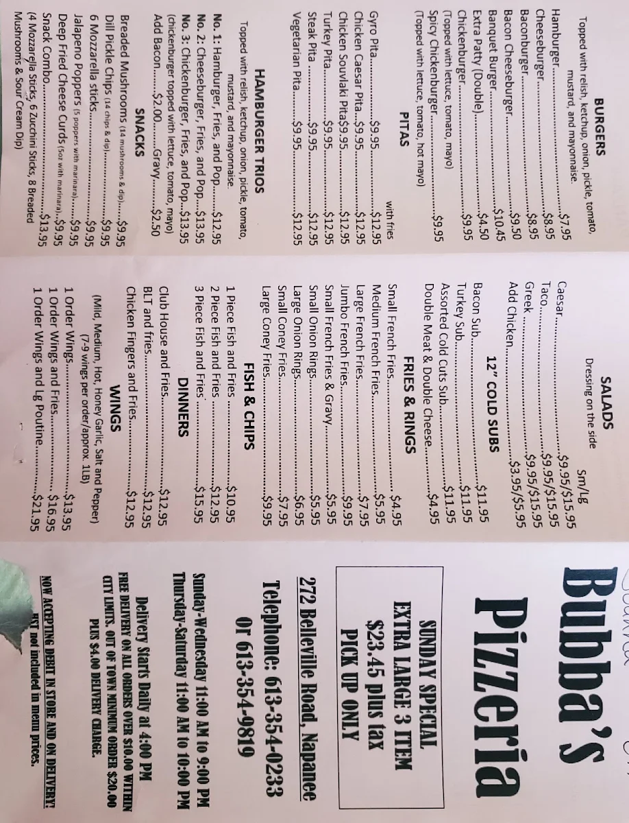 Menu, Bubba's Pizzeria & Restaurant