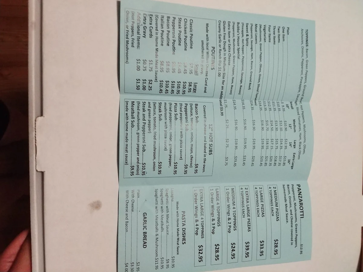 Menu, Bubba's Pizzeria & Restaurant