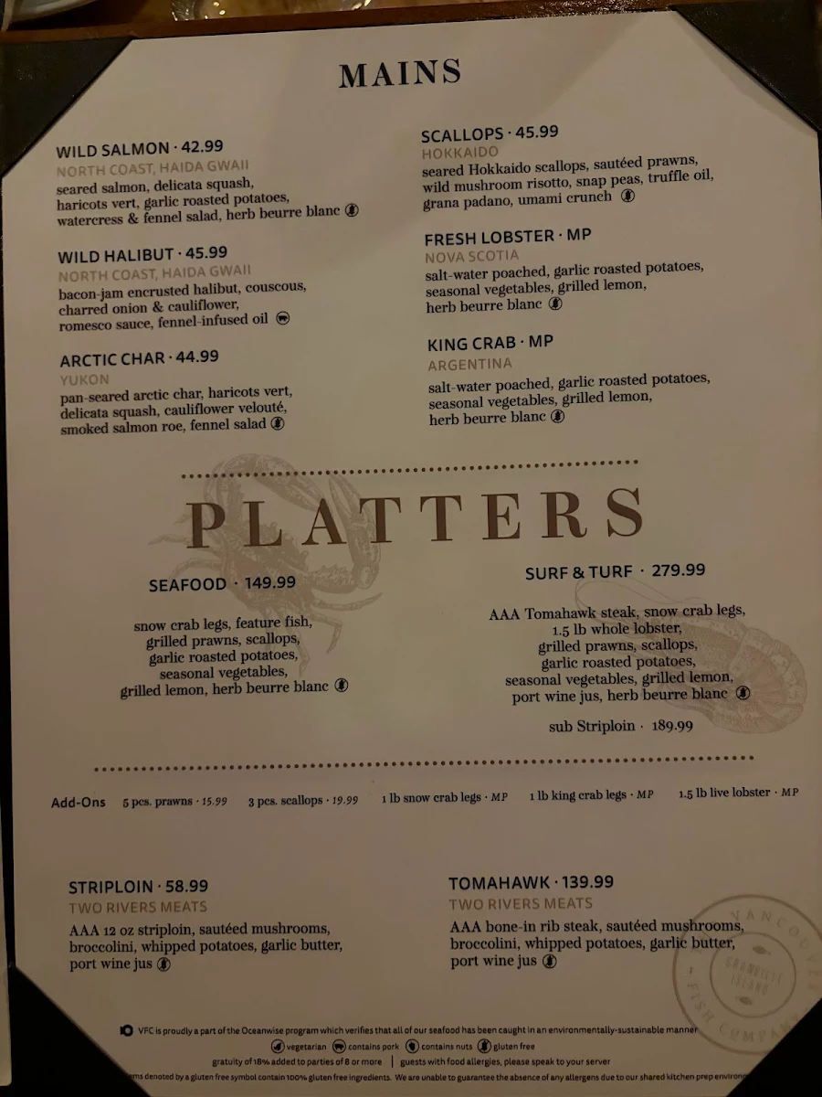 Menu, The Vancouver Fish Company