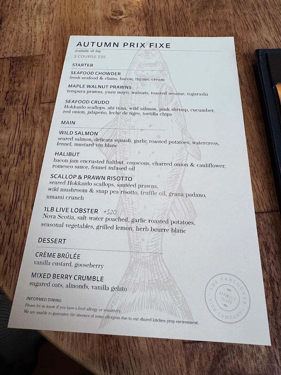Menu, The Vancouver Fish Company
