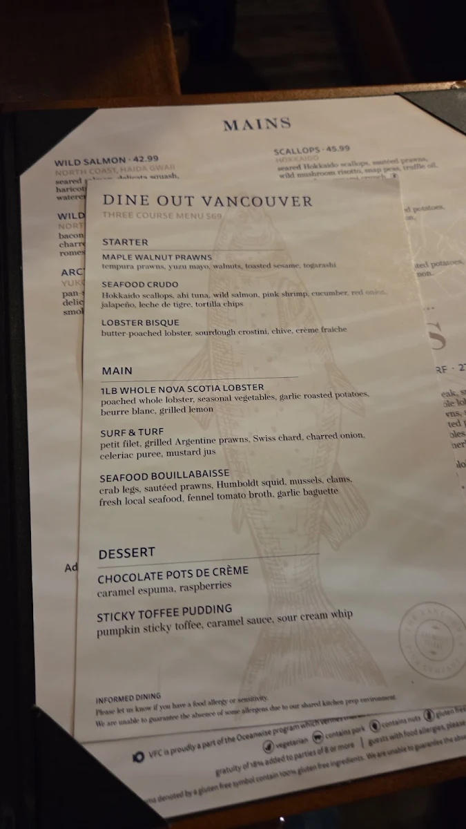 Menu, The Vancouver Fish Company