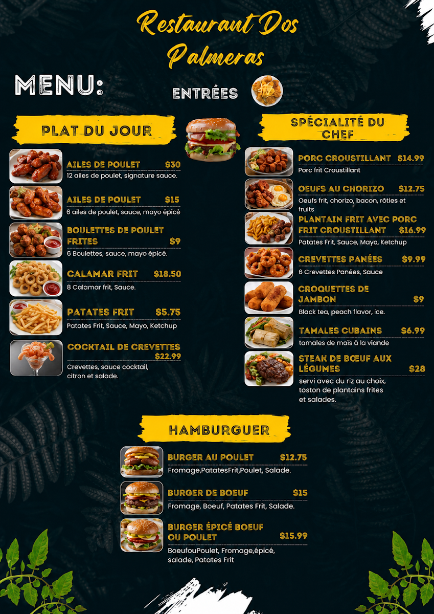 Menu, Dos Palmeras Restaurant-Bar-Café