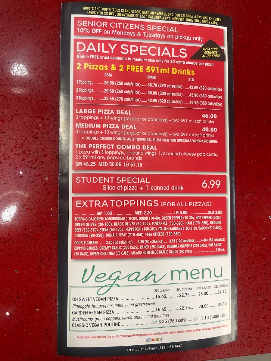 Menu, Milano Pizzeria