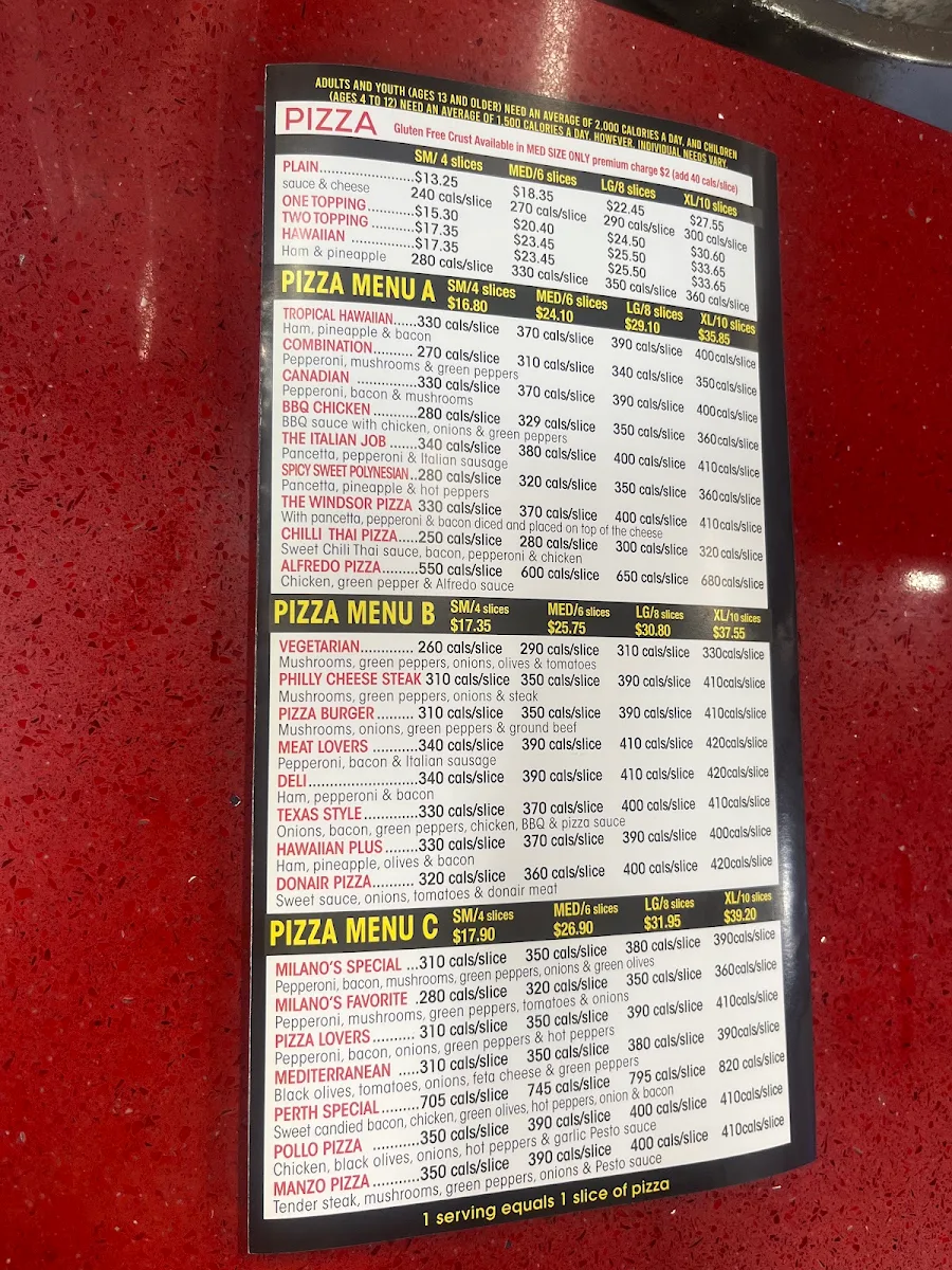 Menu, Milano Pizzeria