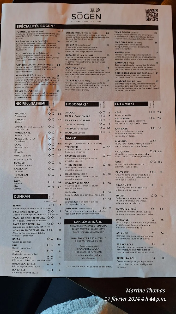 Menu, Restaurant Bar Sushi sogen