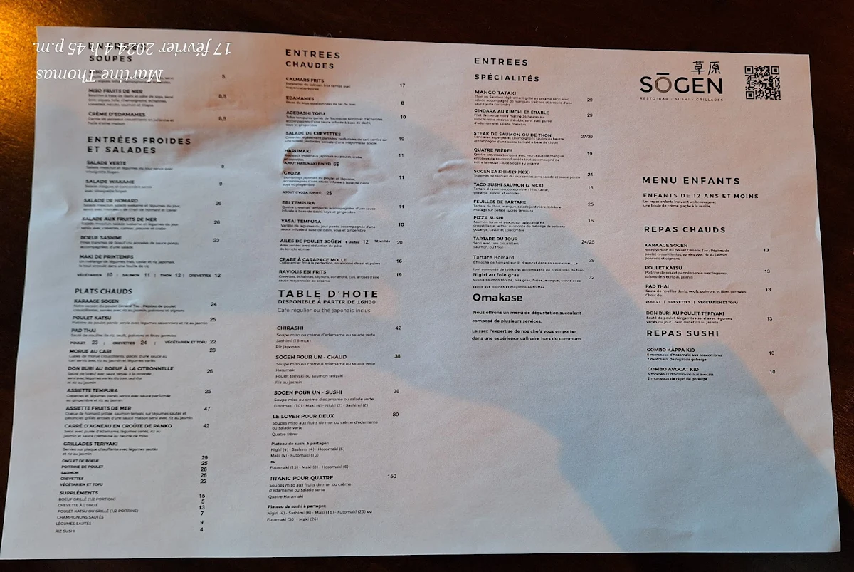 Menu, Restaurant Bar Sushi sogen