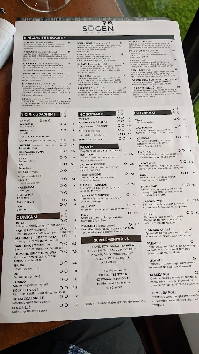 Menu, Restaurant Bar Sushi sogen