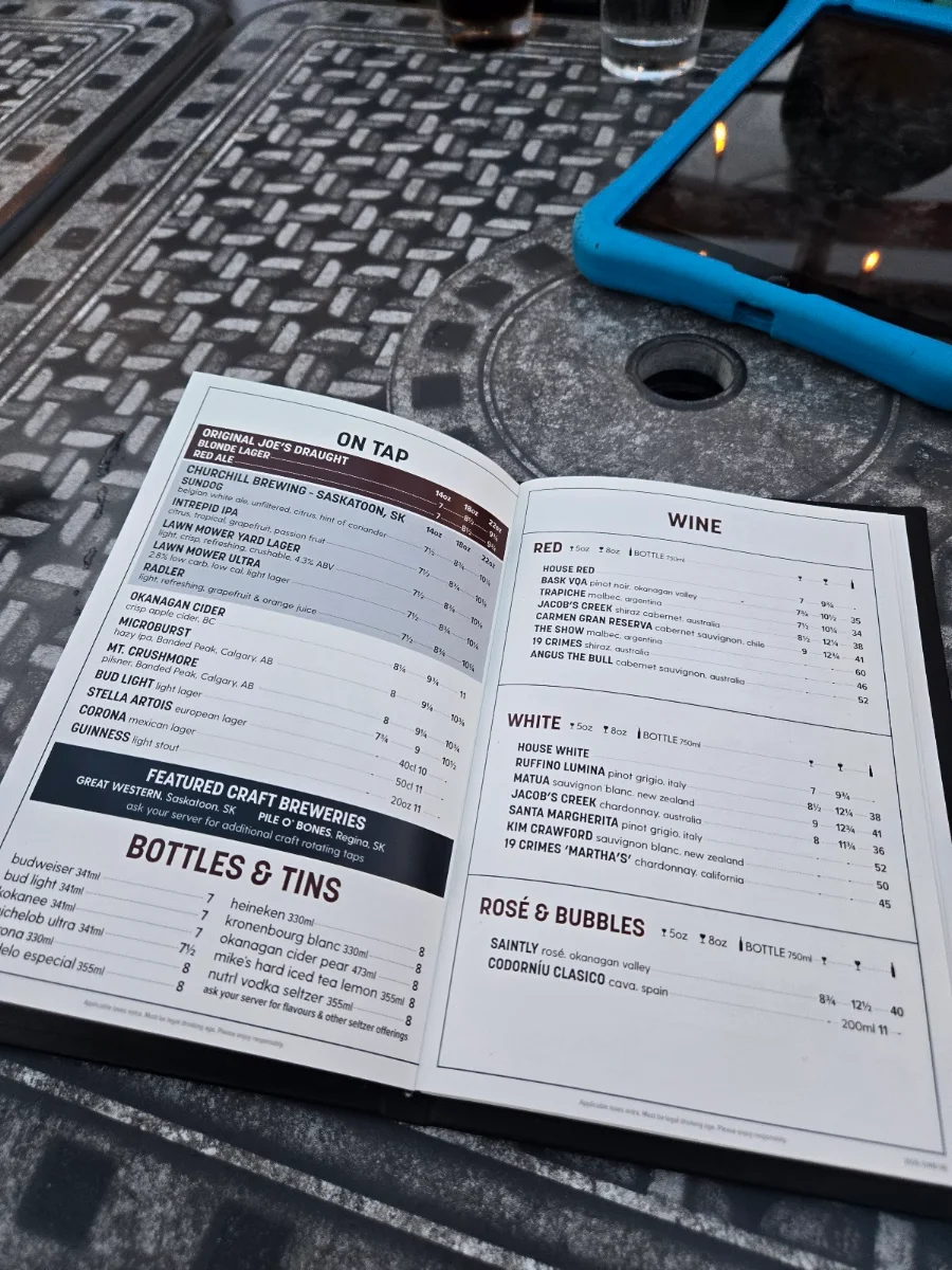 Menu, Original Joe's