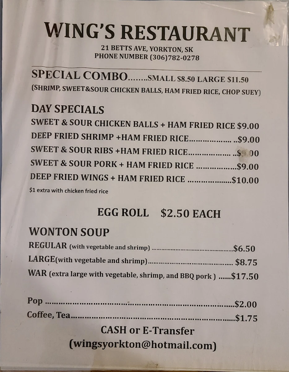 Menu, Wing's Restaurant