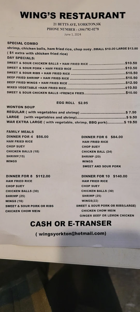 Menu, Wing's Restaurant