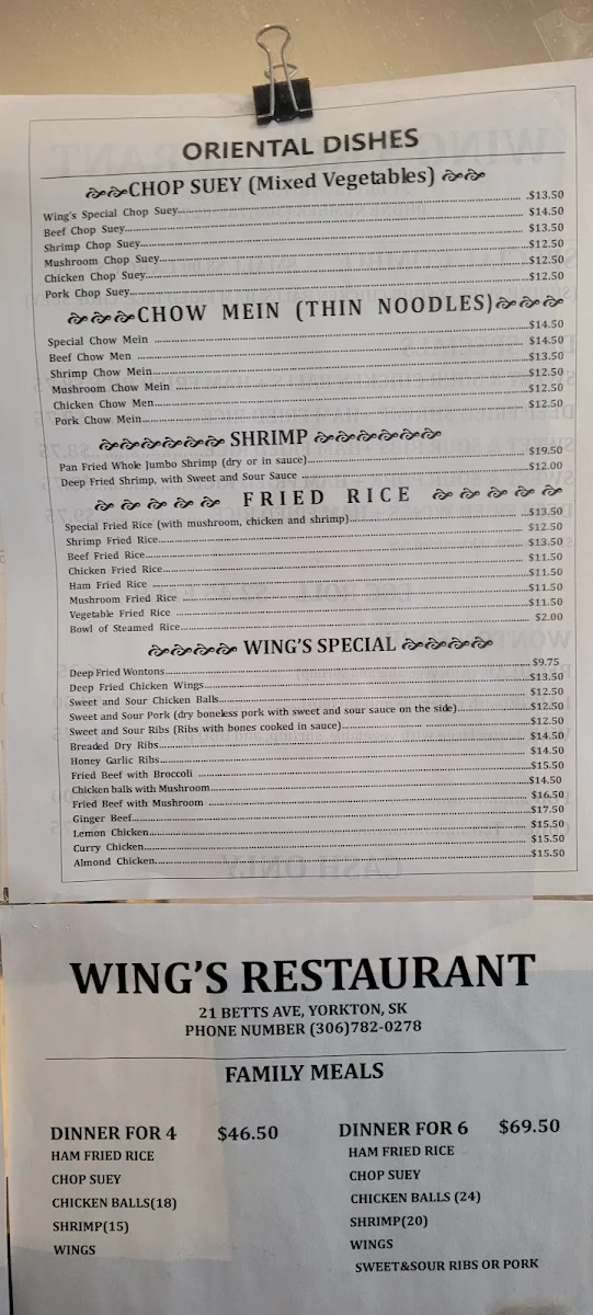Menu, Wing's Restaurant