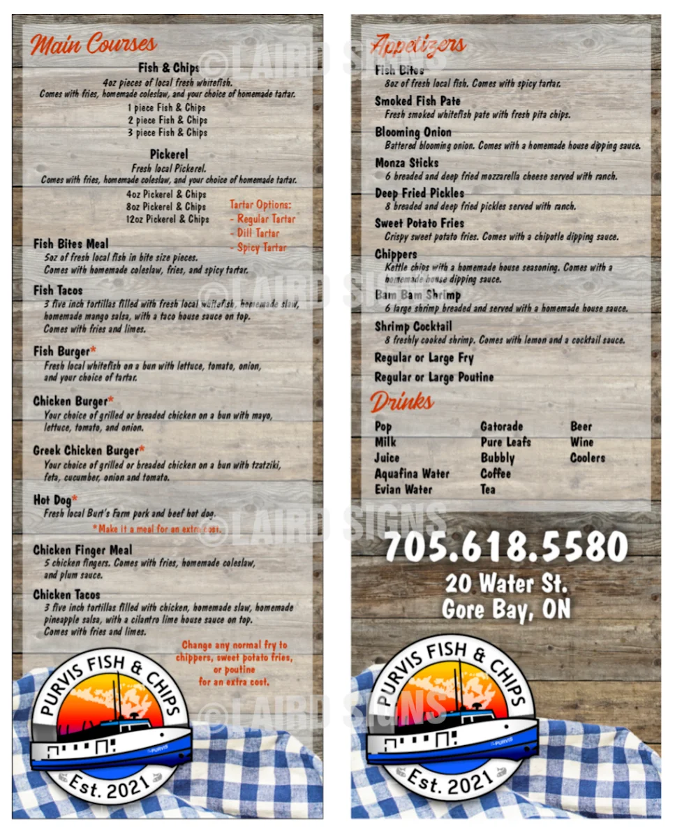 Menu, Purvis Fish & Chips
