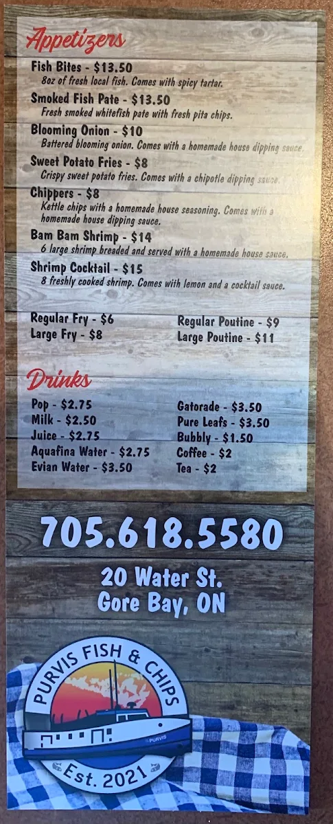 Menu, Purvis Fish & Chips