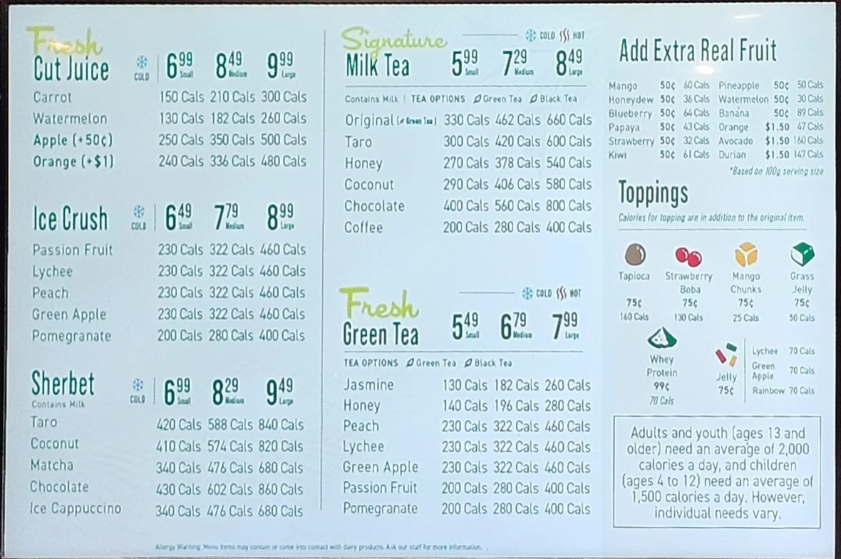 Menu, Real Fruit Bubble Tea