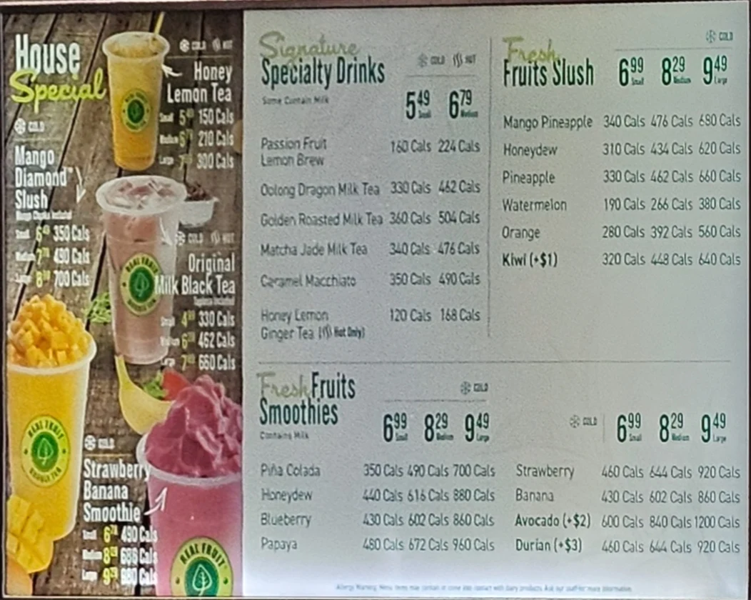 Menu, Real Fruit Bubble Tea