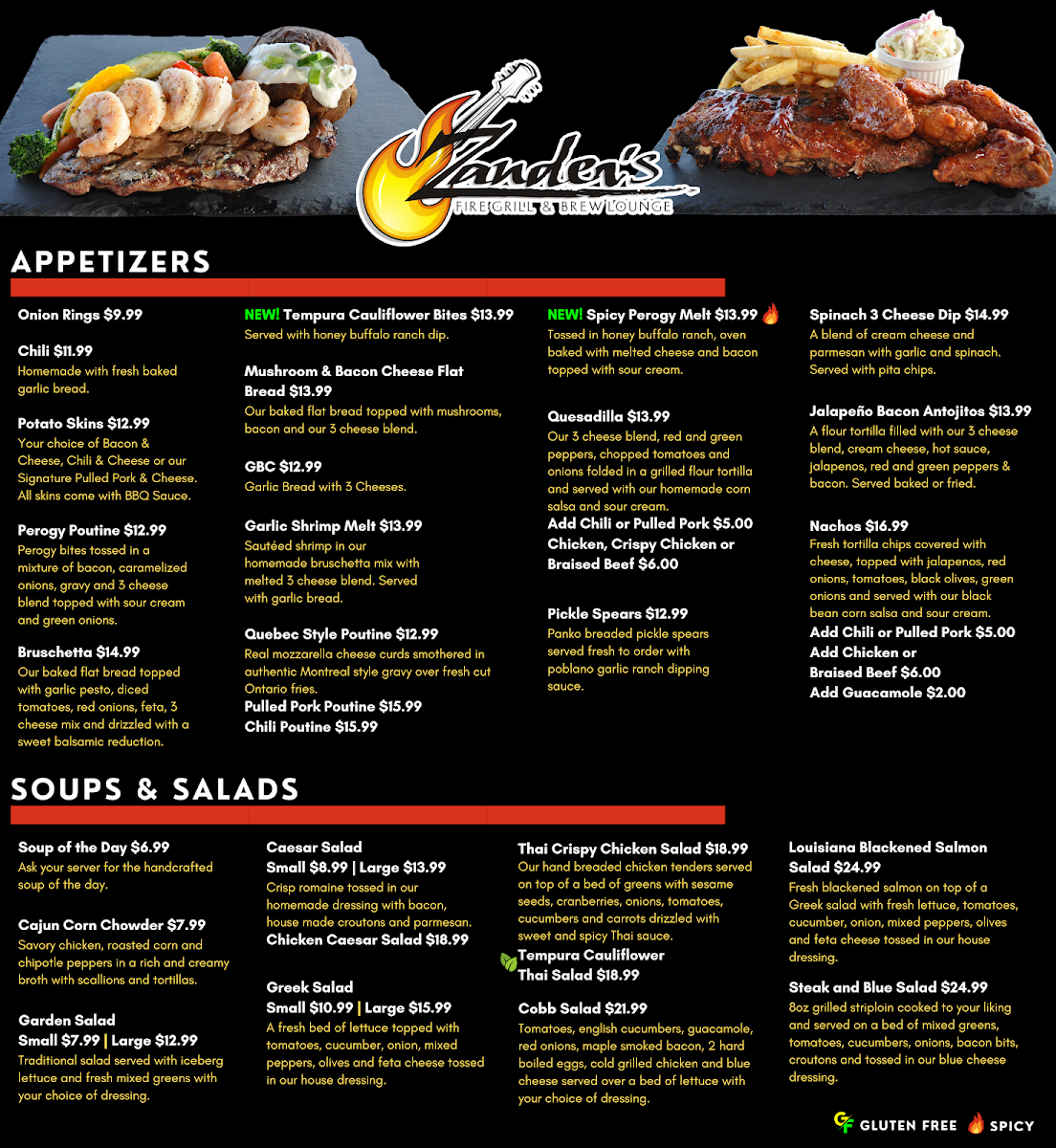 Menu, Zander's Fire Grill & Brew Lounge