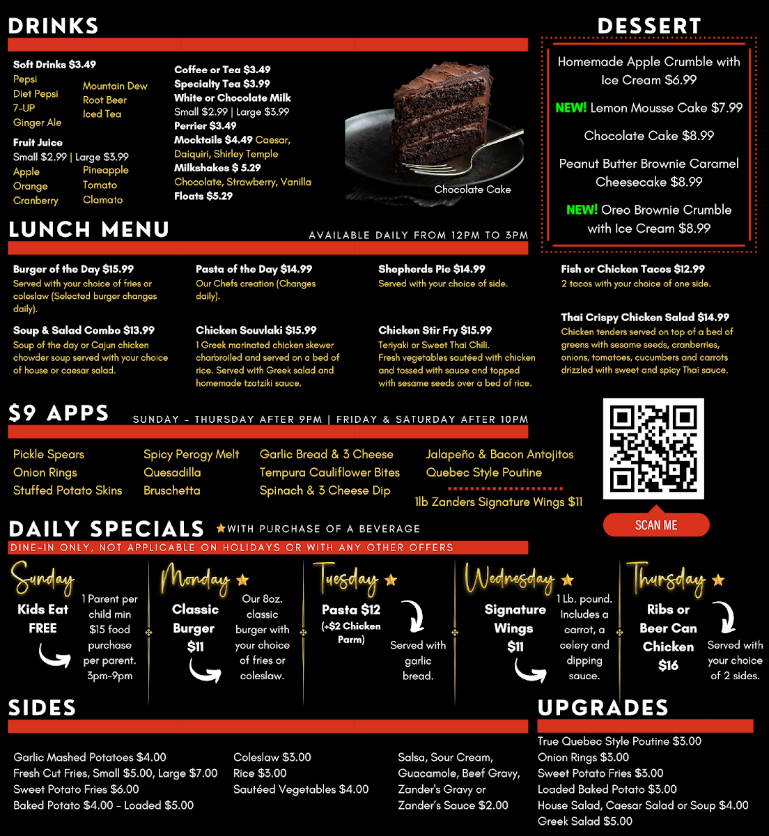 Menu, Zander's Fire Grill & Brew Lounge