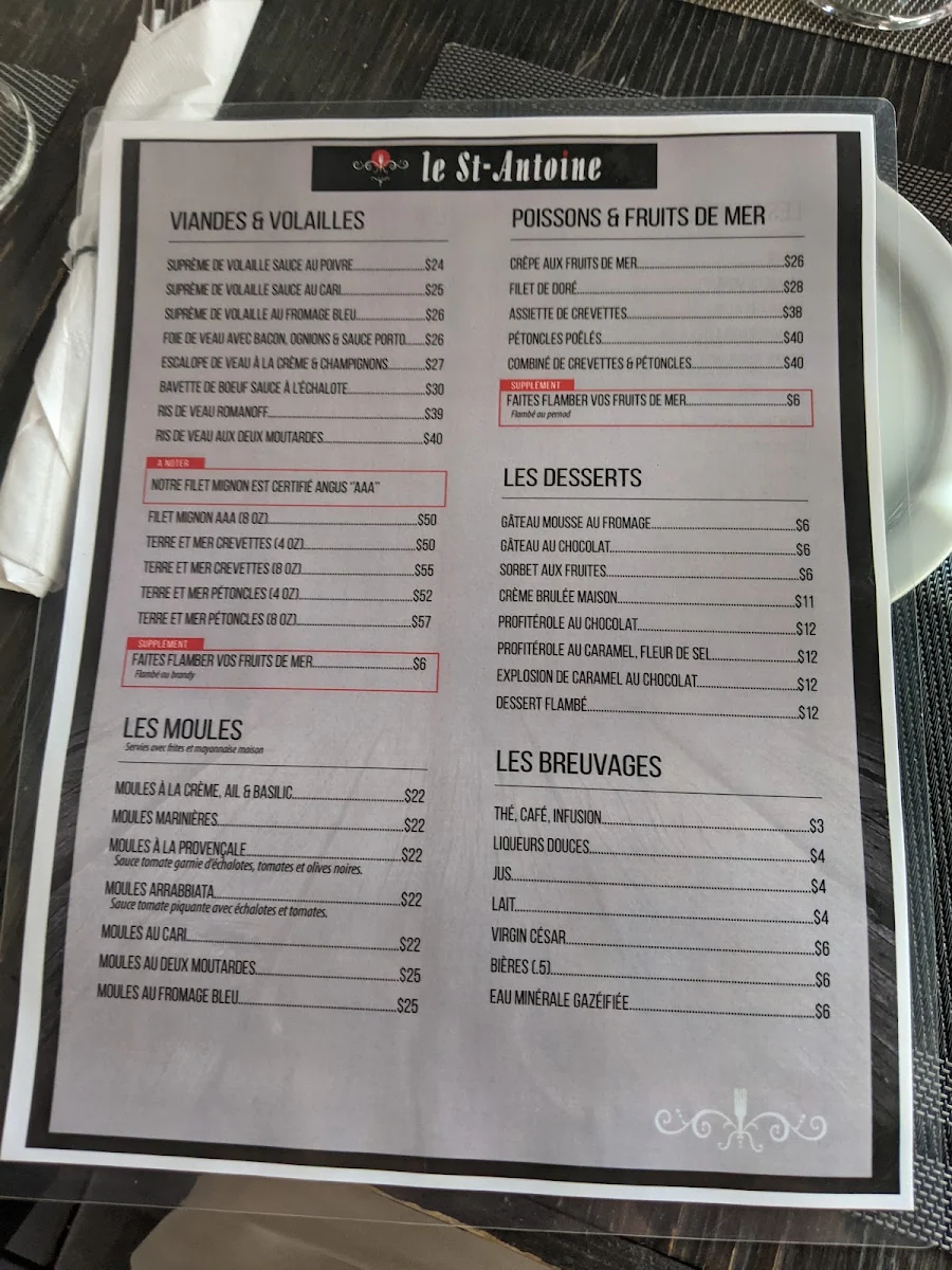 Menu, Restaurant Le St-Antoine