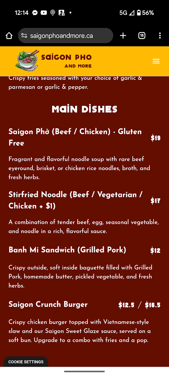 Menu, Saigon Pho And More