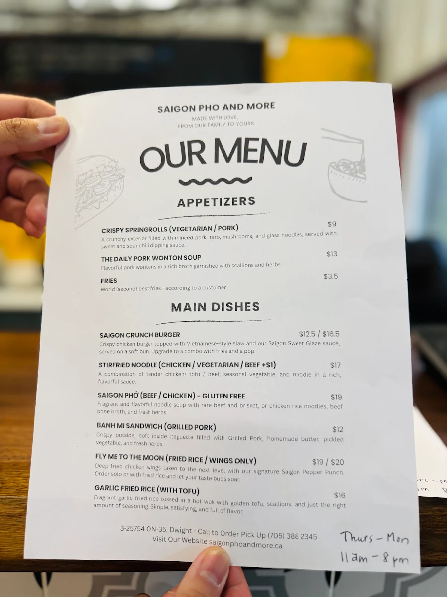 Menu, Saigon Pho And More