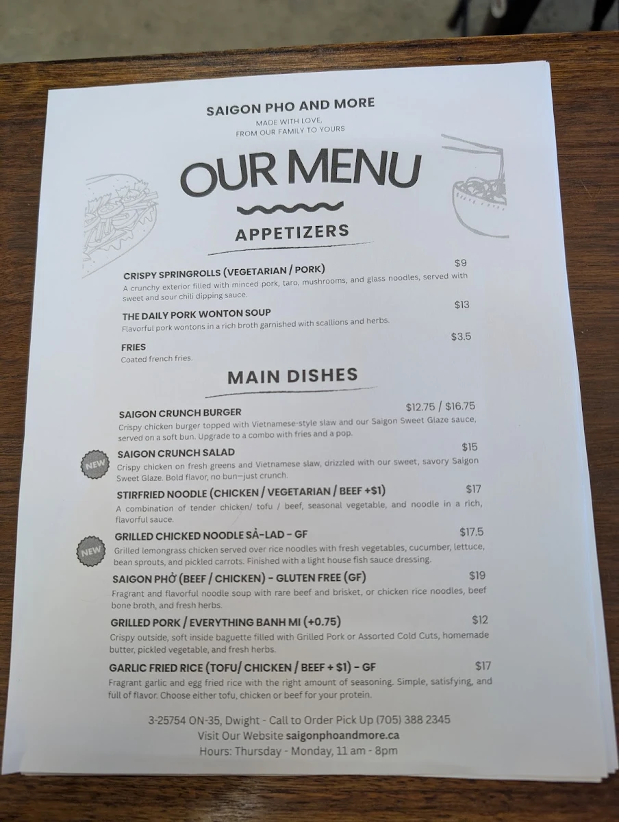 Menu, Saigon Pho And More