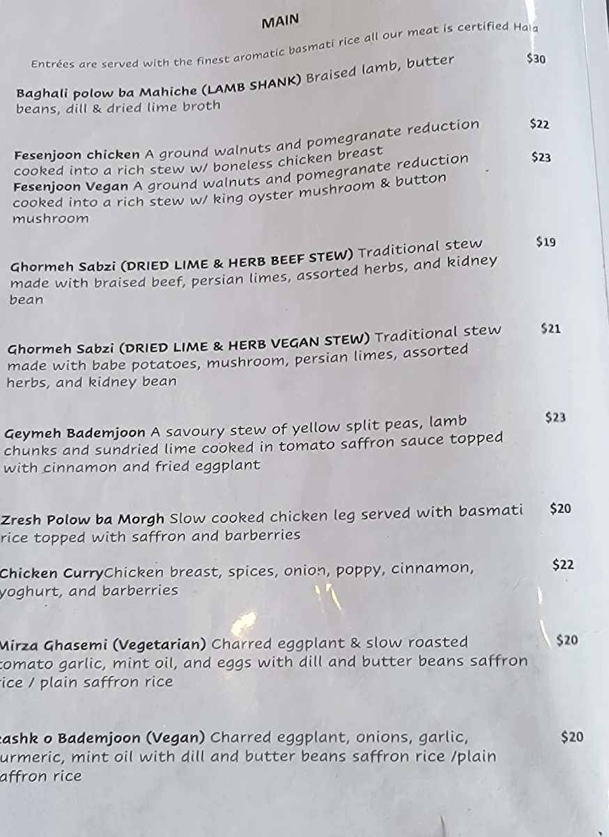 Menu, Anar Persian Cuisine