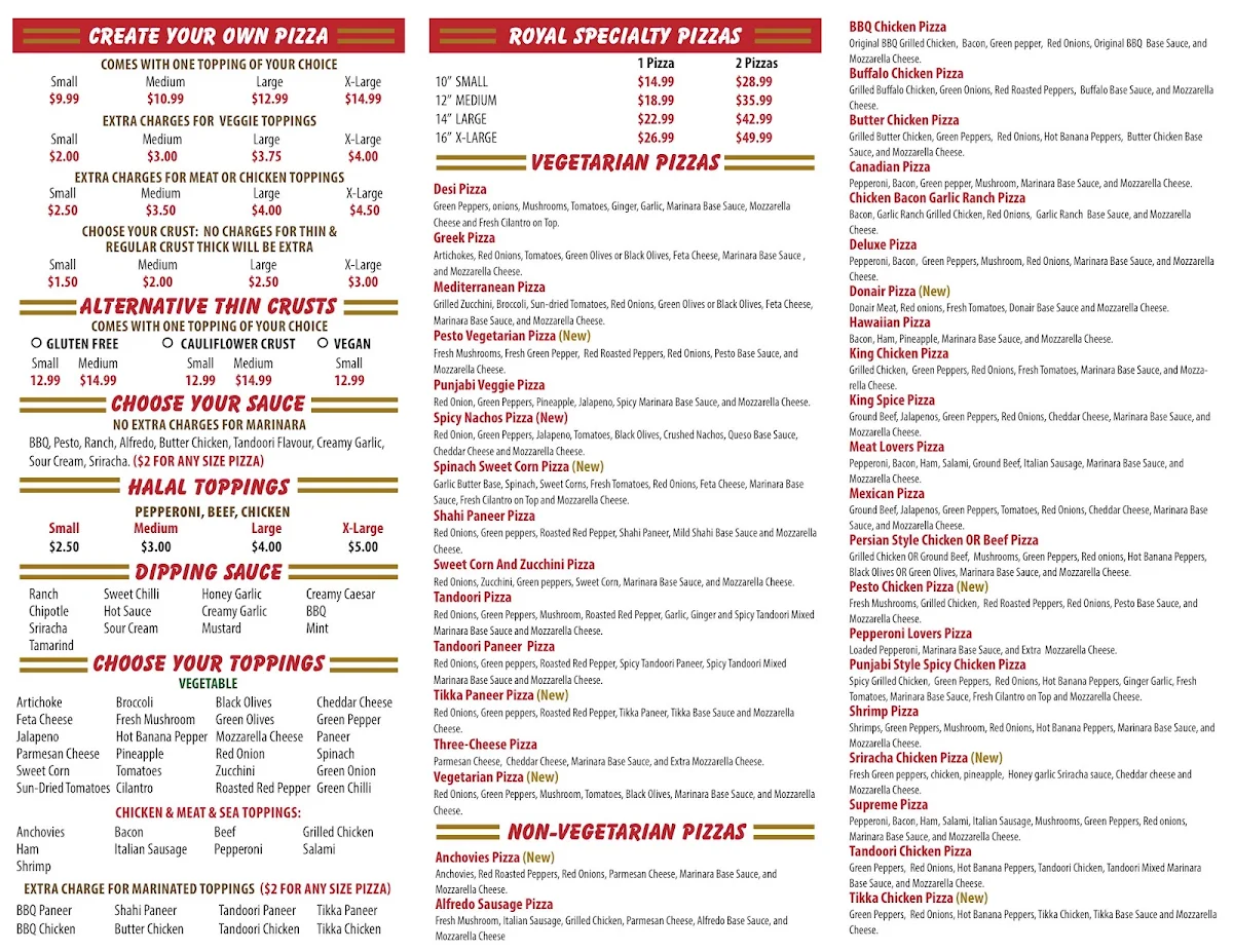 Menu, Pizza King