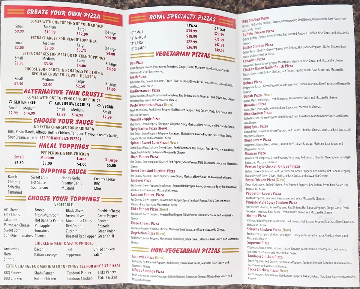 Menu, Pizza King