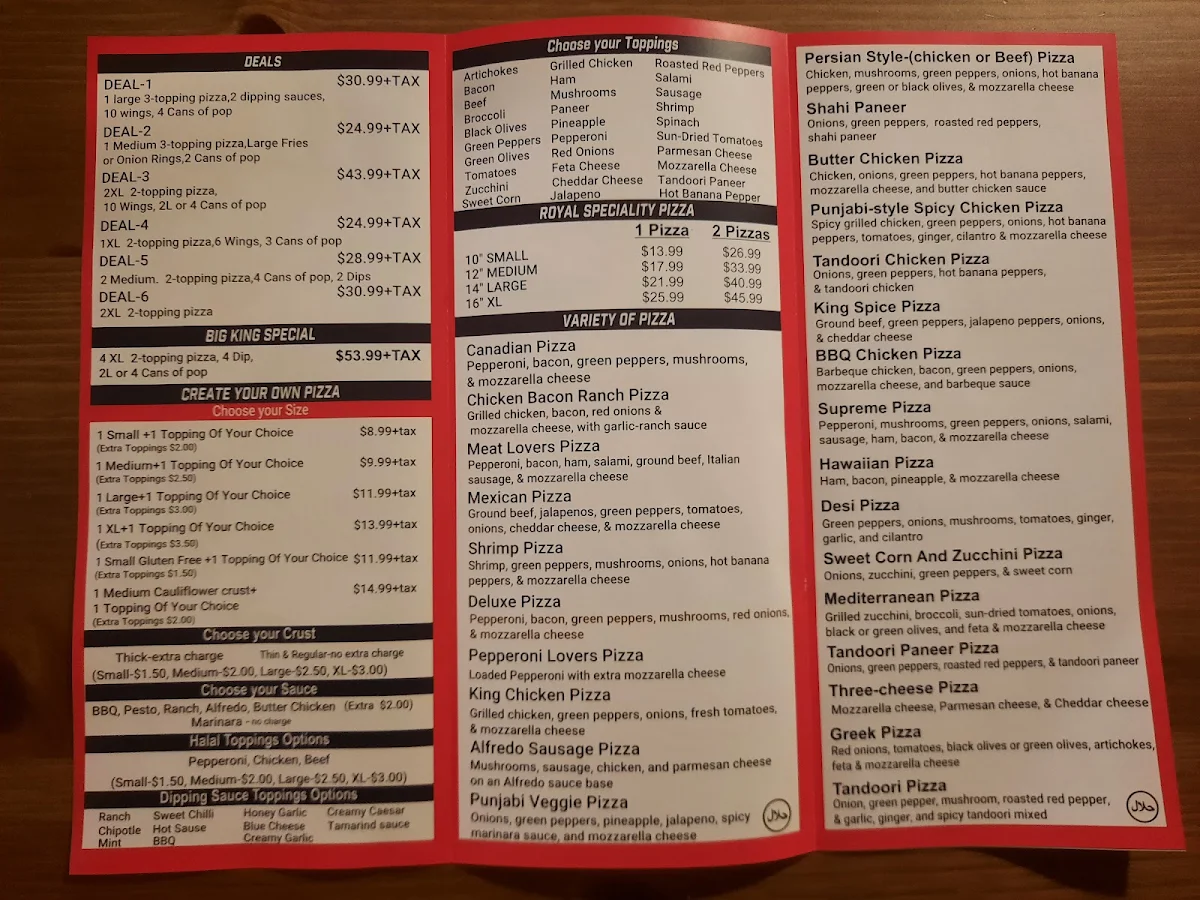 Menu, Pizza King