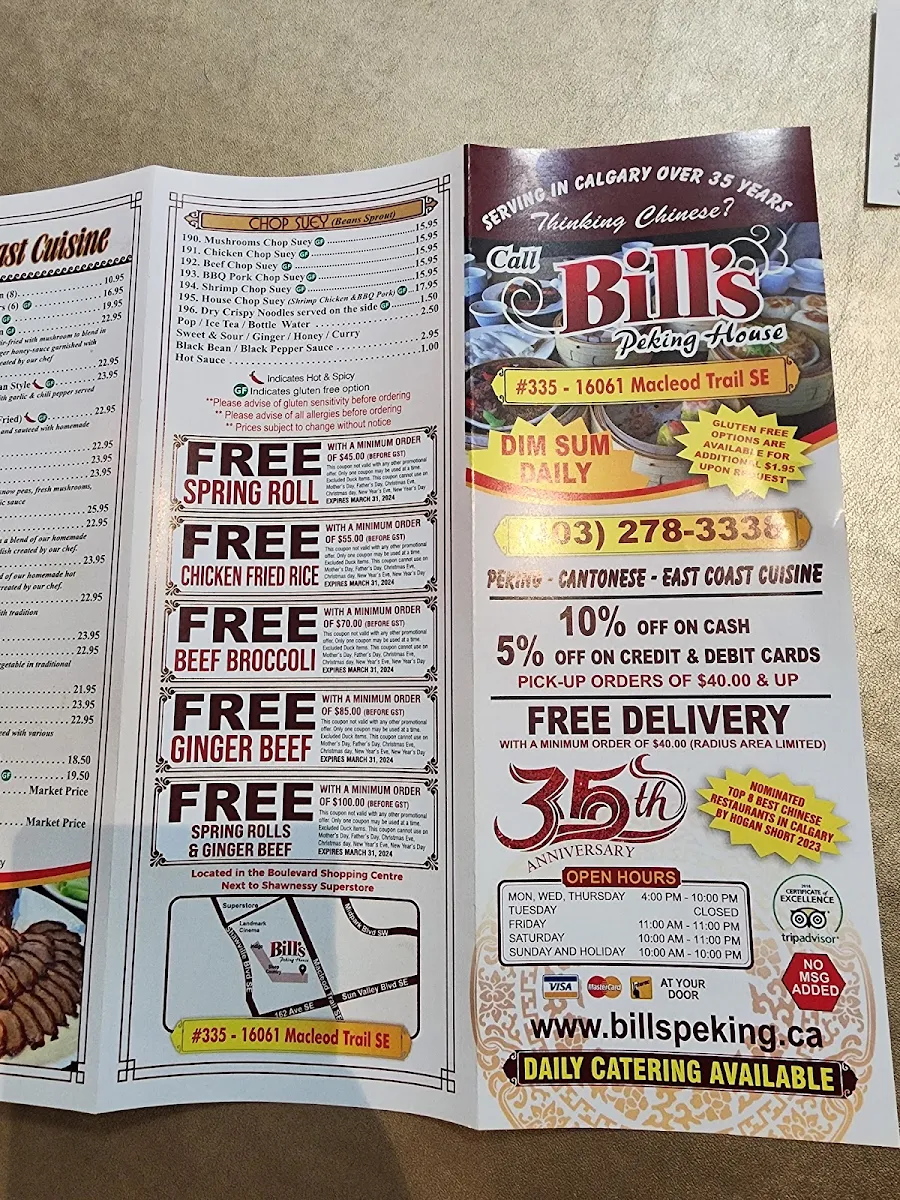 Menu, Bill's Peking House