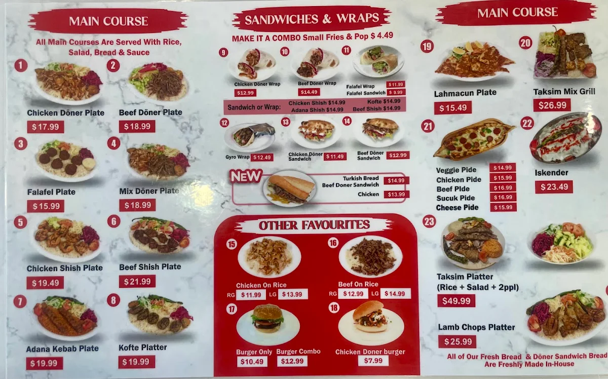 Menu, Taksim Doner
