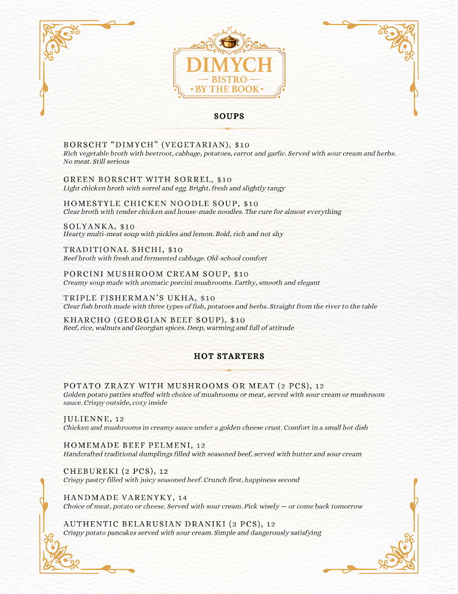 Menu, Dimych Restaurant