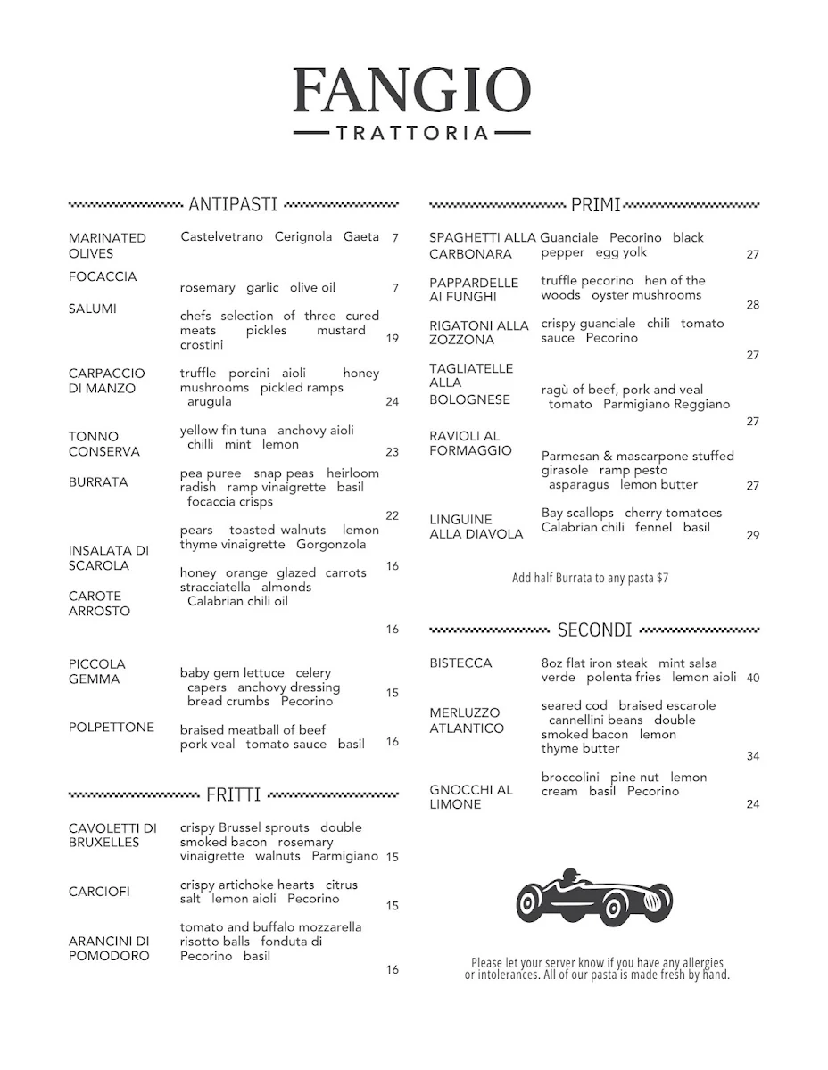 Menu, Fangio Trattoria