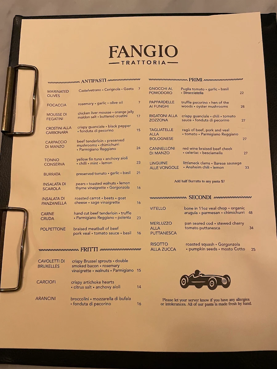 Menu, Fangio Trattoria