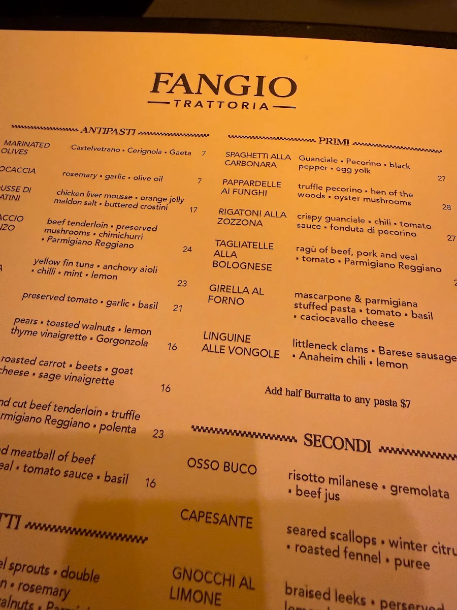 Menu, Fangio Trattoria