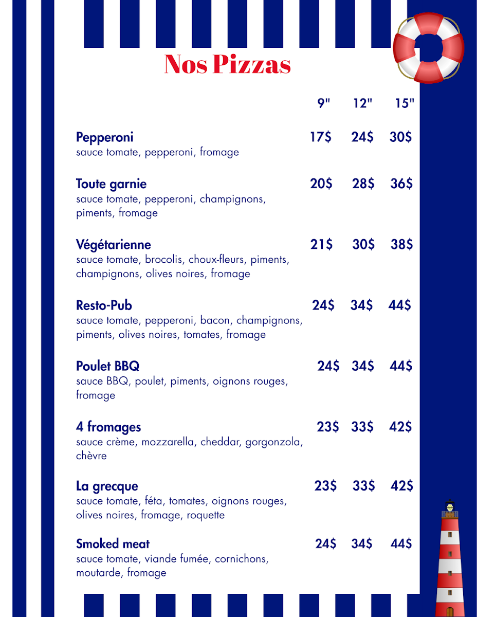 Menu, Le Pub du Lac.