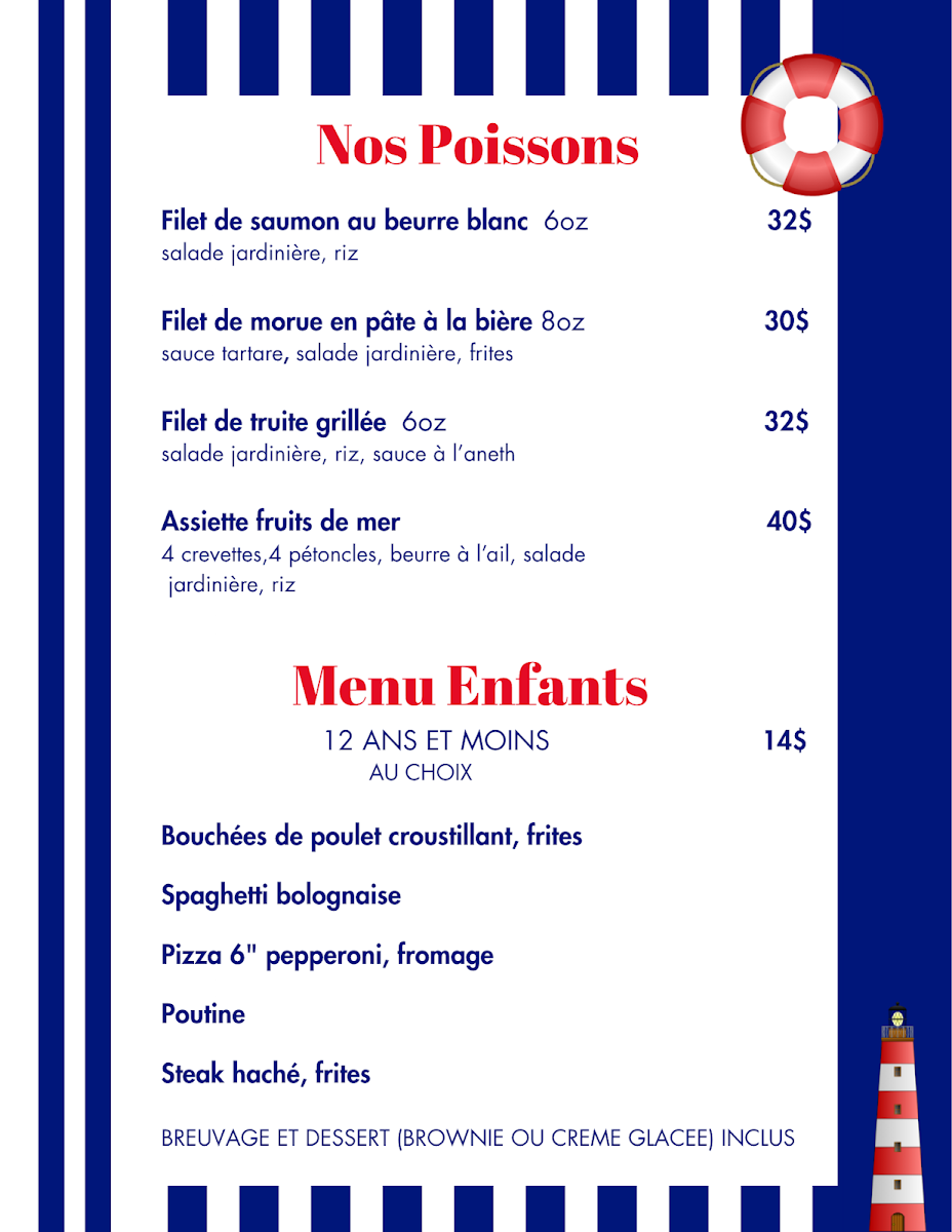 Menu, Le Pub du Lac.