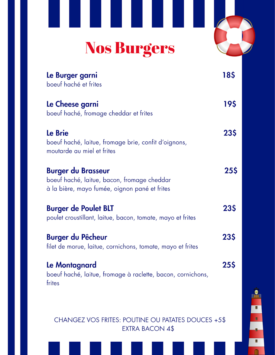 Menu, Le Pub du Lac.