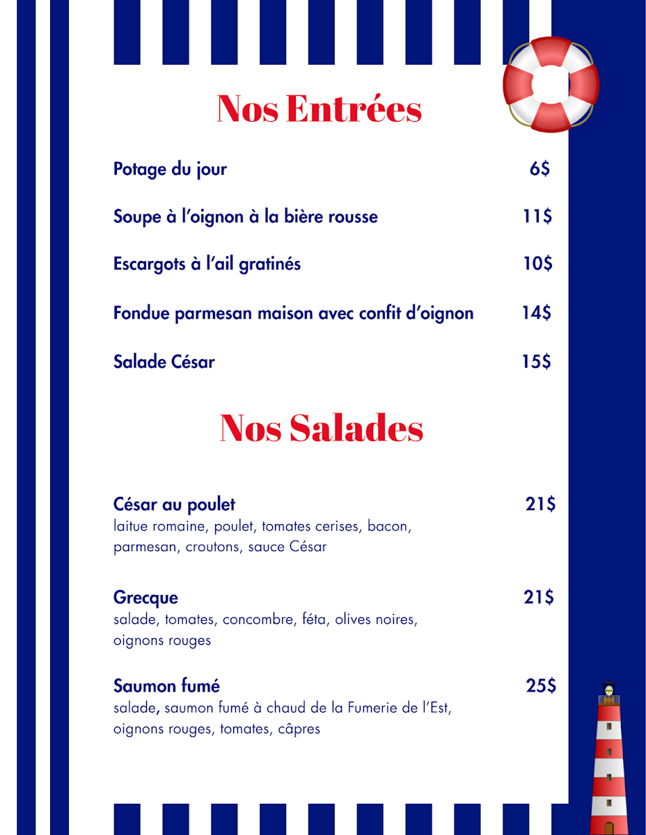Menu, Le Pub du Lac.