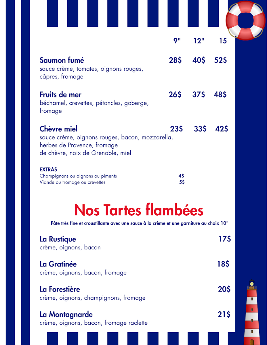 Menu, Le Pub du Lac.