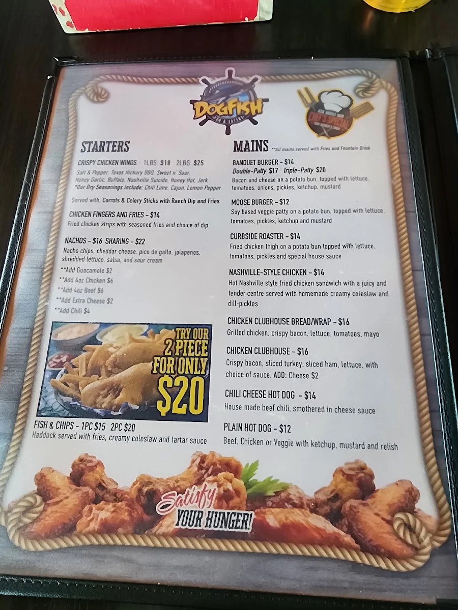 Menu, The Dogfish Pub & Eatery