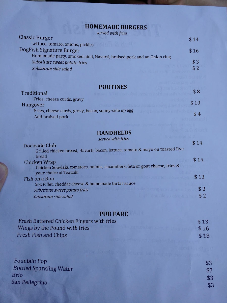 Menu, The Dogfish Pub & Eatery